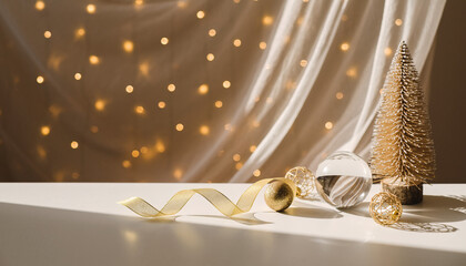 Golden Christmas holiday scene for festive product display, create elegant seasonal promotions with sparkling decor and warm light, celebrate winter holidays