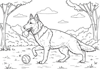 Fototapeta premium Detailed line art of a German Shepherd dog playing with a ball i