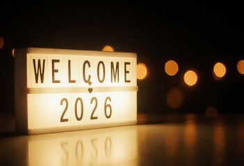 Illuminated welcome sign for 2026 with glowing lights in background