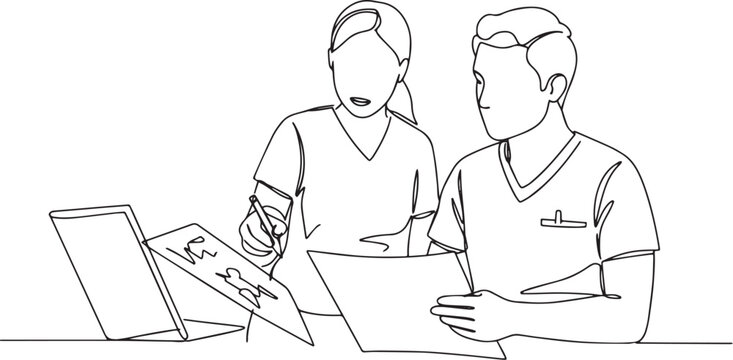 Continuous line art of medical professionals discussing a patien