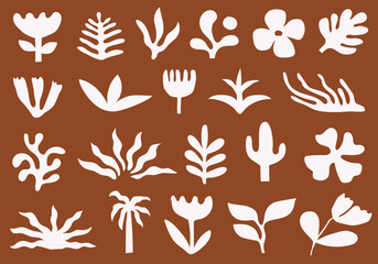 Set of white hand drawn abstract botanical flowers and leaf shapes on terracotta background for boho pattern or branding