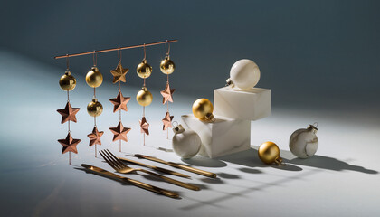 Elegant Christmas table setting with shimmering gold ornaments and modern cutlery, a festive holiday scene perfect for seasonal promotions and upscale dining