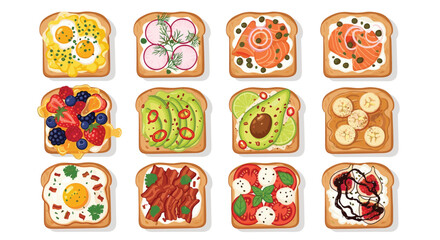 Colorful toast selection offering delicious breakfast options with avocado, egg, salmon, and berries for a healthy lifestyle