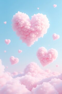 Pink clouds in shape of hearts. Romantic and dreamy atmosphere. Valentine's day concept.