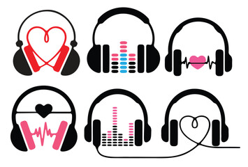 Six Stylish Headphones Icons with Different Audio Visualizations