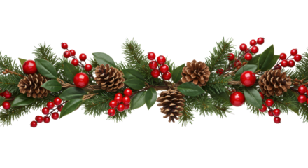 Lush horizontal garland with glossy deep red berries, scarlet fruits, rustic pine cones, emerald fir and holly leaves, on slender branches, isolated on white background with copy space. Winter