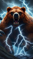 A ferocious grizzly bear roars amidst a storm of lightning, showcasing its power and dominance in nature