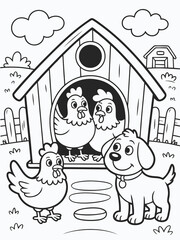 Cartoon Farm Scene with Dog and Chickens in Coop