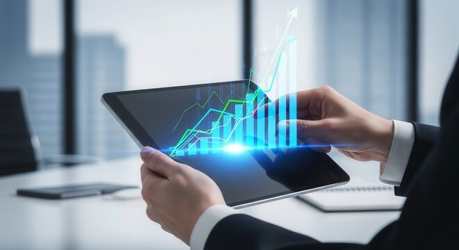Digital Display of Financial Growth Visualized on a Tablet Device in a Modern Office Setting