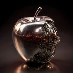 Futuristic metallic apple with exposed cybernetic core, sleek reflective chrome surface, sci-fi biomechanical design blending organic shape with advanced machinery in dramatic studio lighting
