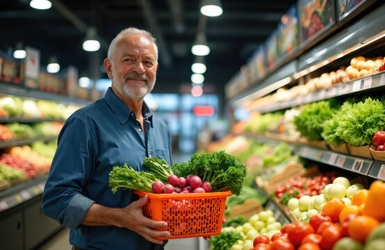 Mature man in grocery store selects fresh vegetables. He holds orange basket filled with organic produce. Healthy eating lifestyle shopping at local market focuses on healthy choice.
