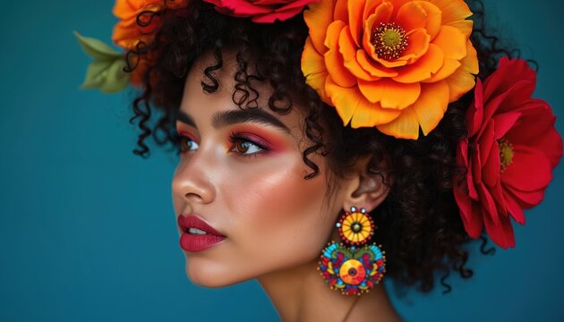 Woman with curly dark hair wears large floral hair accessory and colorful earrings. Bright eye makeup and red lipstick accentuate her face. She looks to the side.