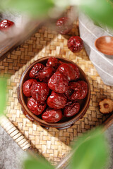 Hami Xinjiang Red Jujube Dates in Wooden Bowl - Traditional Chinese Dried Fruit Snack