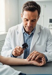 Male doctor examining skin with dermatoscope in medical office  