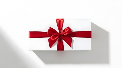White gift box with red ribbon on white background