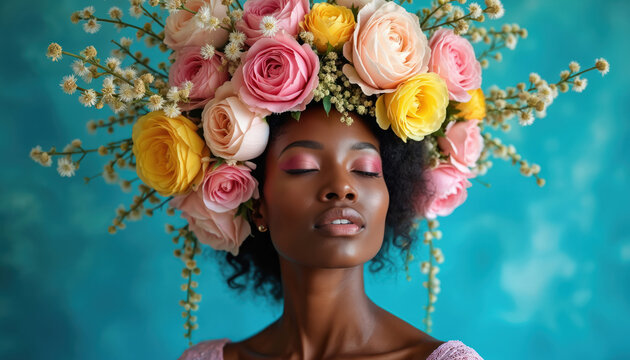 African American woman wears vibrant flower crown. Eyes closed in peaceful expression. Pink, yellow, peach roses adorn hair. Stands against serene blue background. Beauty portrait fashion art,