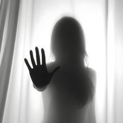 Mysterious female silhouette behind translucent curtain with outstretched hand, dramatic backlit shadow creating eerie atmospheric scene with soft diffusion and emotional tension
