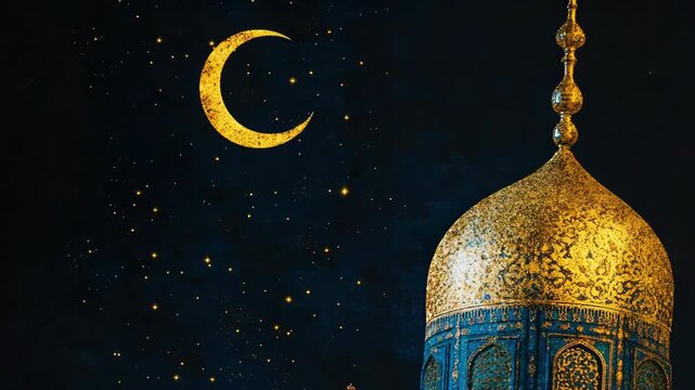 Gold and blue minaret at night