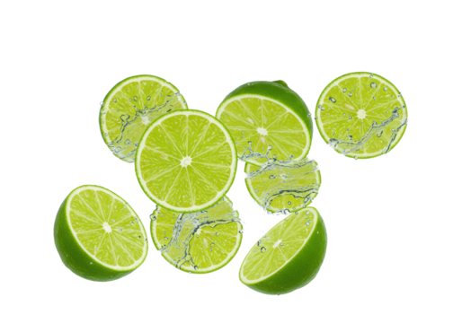 Vibrant green lime slices, whole and halved, suspended in a dynamic splash of luminous water and droplets, on a transparent background, concept for beverage advertising