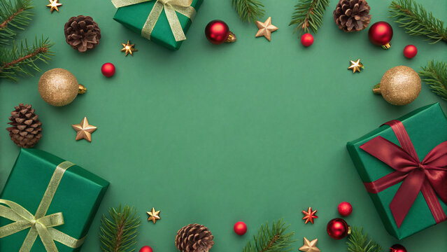 Holiday gifts and decorations arranged on green background for festive celebration - Powered by Adobe