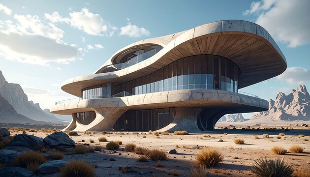 Futuristic, curvaceous concrete structure nestles in a desert landscape under a bright, cloudy sky