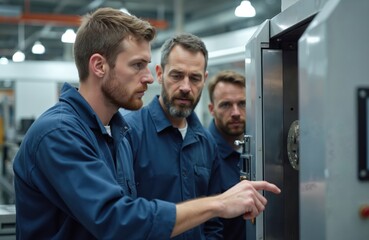 Male mechanic shows young apprentice how to operate CNC machine. Experienced trainer guides youth in factory workshop setting. Workers wear blue uniforms, focus intently on equipment.