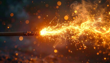 Glowing embers ignite, sparking trails in blurred dark background, creating dynamic streams of light and hazy smoke