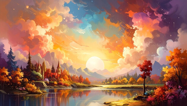 Sunset over colorful autumn forest with castle towers near calm lake reflecting vibrant sky and mountains, creating magical and peaceful atmosphere in fantasy landscape