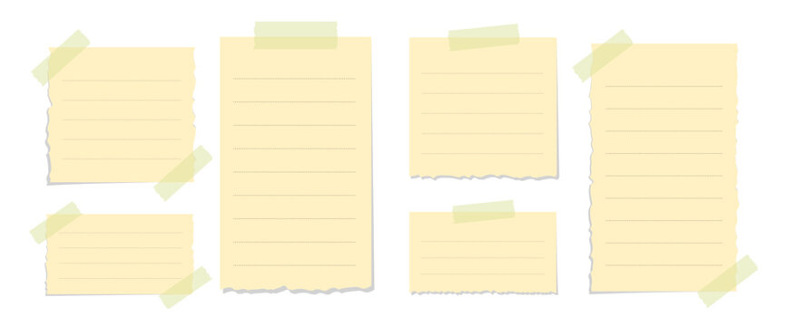 Torn yellow sticky note vector illustration set. Taped office memo paper mockup template.