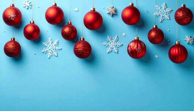 Red Christmas ball ornament and white snowflake decoration hanging on blue background, festive holiday decoration with joyful mood