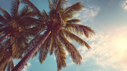 Tropical beach landscape with swaying palm trees bathed in warm sunlight under a bright blue sky, serene coastal scenery with soft golden light and calm tropical vibes