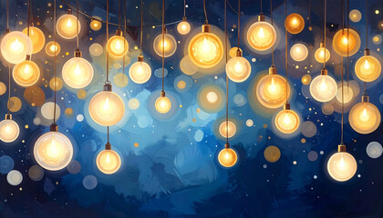 Hanging glowing light bulb decoration with warm yellow illumination against dark blue background with circular bokeh effects creating cozy and festive atmosphere