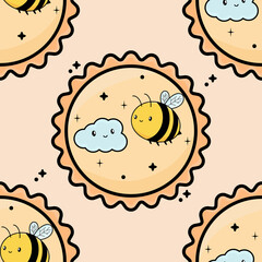Cute Honey Bee Seamless Pattern Vector Tile | Kawaii Kids Animal Print Background | Repeating Digital Paper for Fabric and Nursery Wallpaper