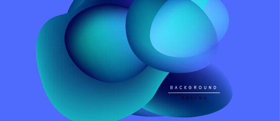 Abstract blue shapes overlap, creating fluid dynamic composition. Gradient colors suggest depth, modern design aesthetic.
