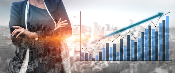 Confident businesswoman stands with arms crossed against a city backdrop, showcasing a financial growth graph symbolizing success and strategic opportunities in business. Scalp