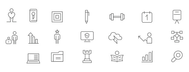 Training and coaching line icons set. Business training, Training, coaching, mentoring, education, meeting, conference, teamwork office outline icon collection. UI thin outline icons pack.