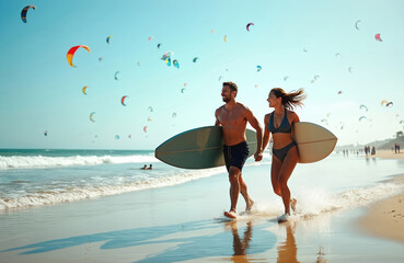 Couple run with surfboards on sea beach. Man and woman enjoy summer vacation. People smile walk on ocean shore with kitesurfers. Active happy lifestyle concept. Travel adventure together.