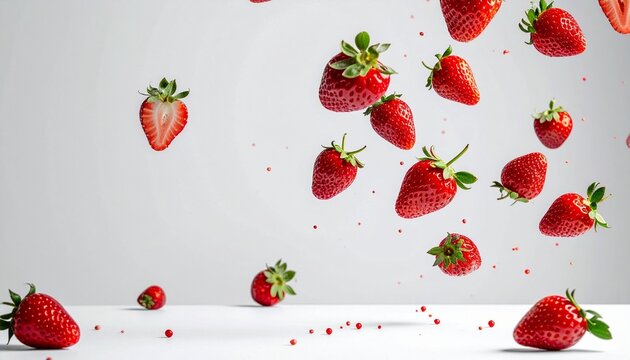 Fresh strawberries in vibrant motion for healthy eating concept and lifestyle themes against a bright background.