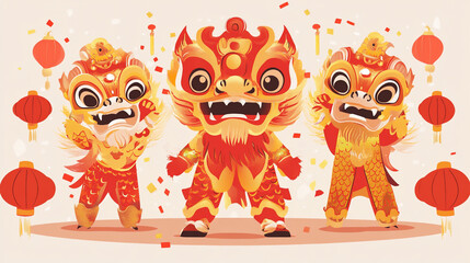 Festive parade with lion and dragon dance performers. Clean modern style, colorful lights, and joyful celebration