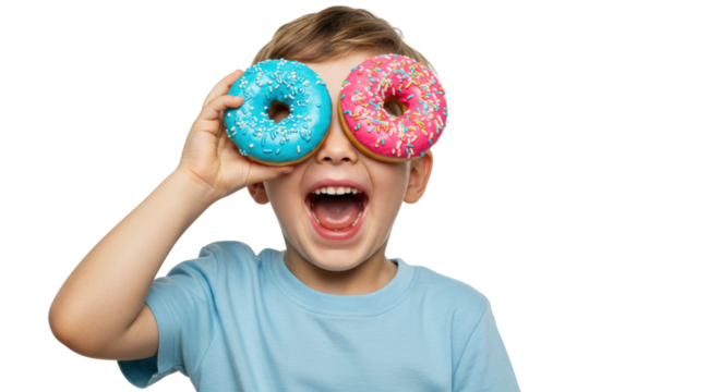 A young caucasian boy (5-7) in a light blue t-shirt playfully screams, holding a blue and pink frosted donut over each eye in a high-key studio with copy space, concept of childhood joy and sweet