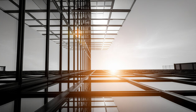 Modern glass facade reflection sunrise city architecture minimal highrise skyscraper exterior corporate office building urban geometry