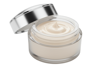 An elegant, open glass jar, clear top and opaque white bottom, holding luxurious light beige cosmetic cream with a soft peak, isolated on a transparent background, Concept for luxury skincare