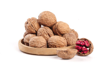 Fresh Xinjiang Walnuts in Wooden Bowl on White Background - Healthy Nuts Food Photography