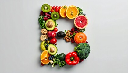 Letter B Made of Fruits and Vegetables on Clean Background Healthy Eating Concept for Wellness Fresh Produce Still Life Composition.