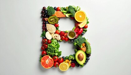 Letter B Made of Fruits and Vegetables Healthy Diet Concept Colorful Composition for Wellness and Nutrition.