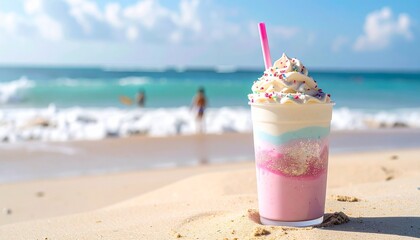 Colorful Summer Drink on Beach Sand With Ocean Waves and Blue Sky Backdrop Ideal for Beach Vacation Promos.