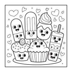 Whimsical Confections: An assortment of cheerful desserts, including cupcakes, ice pops, and a creamy treat, come alive with animated expressions of delight.