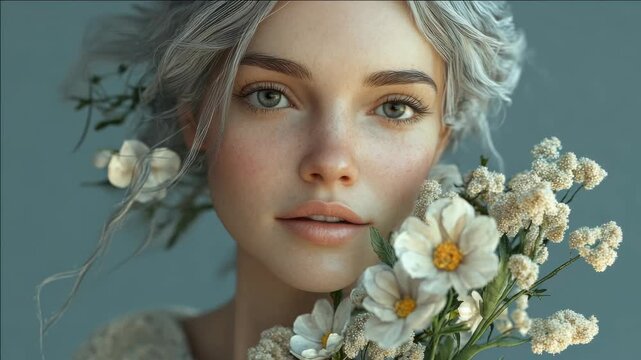 A woman with a vibrant and ethereal quality, holding flowers, serves as an inspirational muse for creatives.