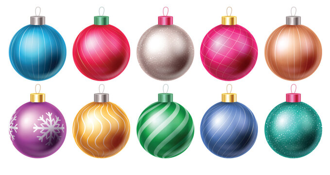 Christmas ornaments in various colors and patterns, perfect for backgrounds, greeting cards, and festive templates. Editable illustration ideal for holiday background decorative designs.