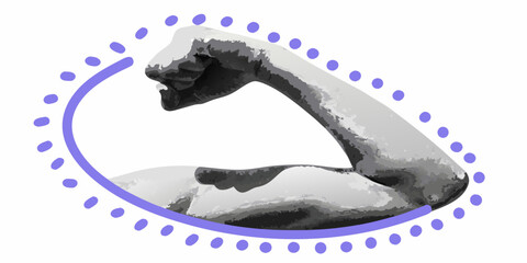 Stylized bicep flex illustration with purple dotted border on white background